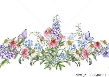 Seamless border with echinacea bouquet and dragonfly. Isolated watercolor illustration of bouquets for design of packaging of cosmetic products, candies, printing on clothes Seamless border with echinacea bouquet and dragonfly. Isolated watercolor illustration of bouquets for design of packaging of cosmetic products, candies, printing on clothes 125500363
