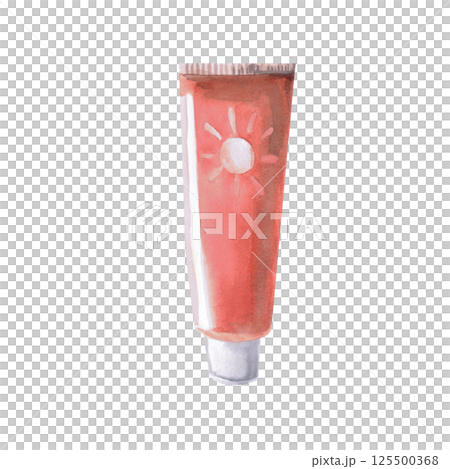 Closed tube of sunscreen. Isolated watercolor illustration for poster design on the theme of seaside recreation, travel sites, poster printing 125500368