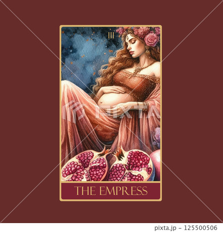 A watercolor Tarot card 'The Empress'.Tarot card colorful deck. Major arcana set part . Vector hand drawn engraved style. Occult and alchemy symbolism. 125500506