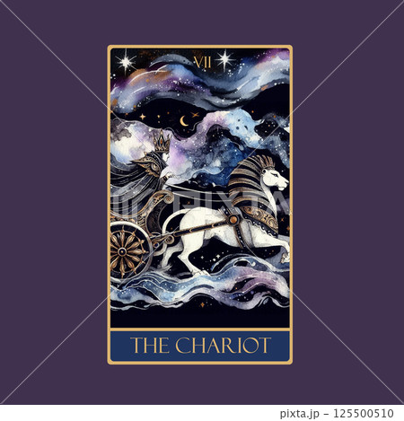 A watercolor Tarot card 'The Chariot'.Tarot card colorful deck. Major arcana set part . Vector hand drawn engraved style. Occult and alchemy symbolism. 125500510