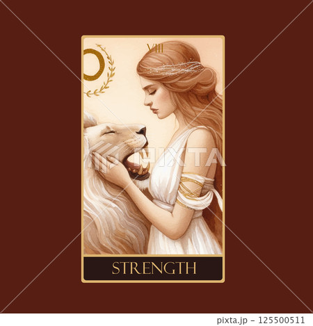 A watercolor Tarot card 'Strength'.Tarot card colorful deck. Major arcana set part . Vector hand drawn engraved style. Occult and alchemy symbolism. 125500511