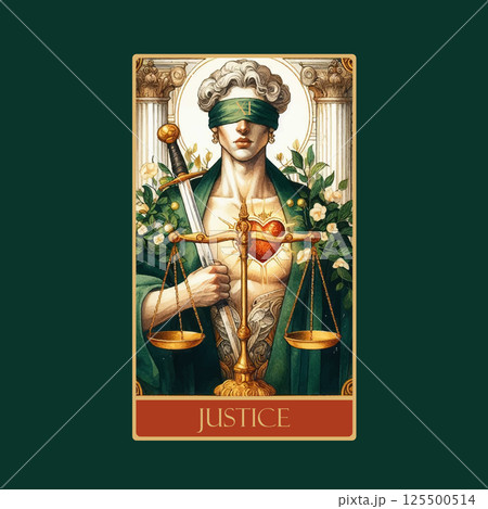 A watercolor Tarot card 'Justice'.Tarot card colorful deck. Major arcana set part . Vector hand drawn engraved style. Occult and alchemy symbolism. 125500514