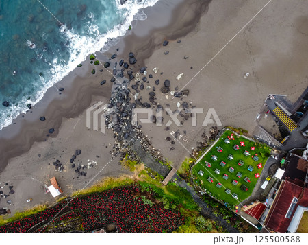 Drone view of Coastal Cafe and Beach in Azores 125500588