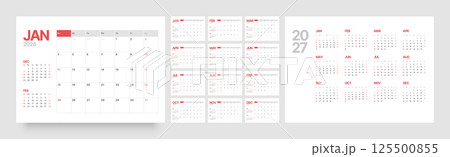 Monthly calendar layout for 2026. Planner diary. 125500855
