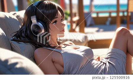 ホテルのソファで音楽を聴く美女のイラスト 125500916