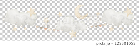 Watercolor Sky border with clouds, yellow stars, crescent moon and party garland in pastel beige colors. Illustration for Baby shower greeting cards or nursery posters. Drawing for childish banner. 125501055