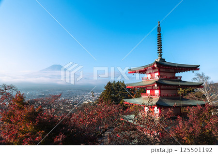 View of Chureito pagoda and mt. Fuji in Yamanashi,Japan 125501192