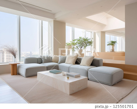 高層マンションのリビングルーム　開放感あふれる白い空間 125501701