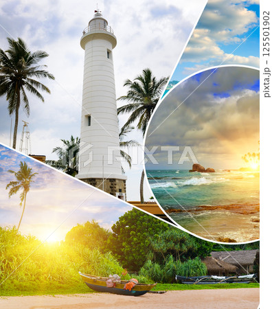 Nature landscape view of beautiful tropical beach, lighthouse and ship. Concept - vacation and travel. Nature landscape view of beautiful tropical beach, lighthouse and ship. Concept - vacation and travel. 125501902