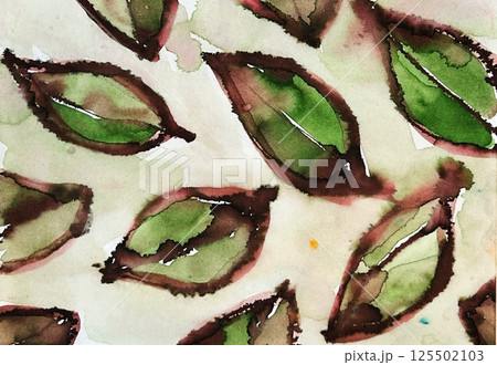 水彩で描いた緑の葉と緑色の模様の壁紙、にじみがキレイな緑色の水彩テクスチャ 125502103