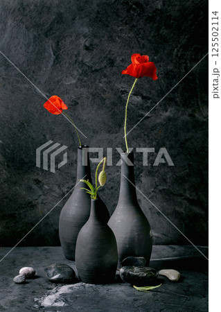 Red Poppies in Black Ceramic Vases Red Poppies in Black Ceramic Vases 125502114