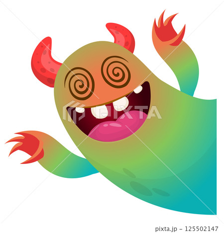 Cartoon scary monster with funny face expression waving hands . Vector illustration isolated on white. Halloween design 125502147