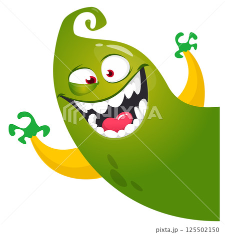 Cartoon scary monster with funny face expression waving hands . Vector illustration isolated on white. Halloween design Cartoon scary monster with funny face expression waving hands . Vector illustration isolated on white. Halloween design 125502150