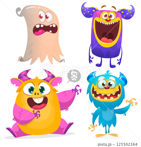 Funny cartoon monsters with different face expressions. Set of cartoon vector happy monsters characters. Halloween design for party decoration, package design Funny cartoon monsters with different face expressions. Set of cartoon vector happy monsters characters. Halloween design for party decoration, package design 125502164
