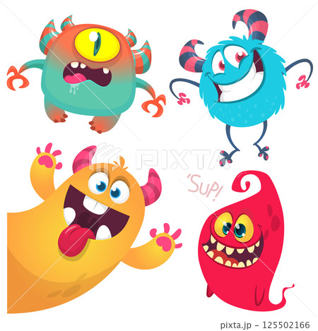 Funny cartoon monsters with different face expressions. Set of cartoon vector happy monsters characters. Halloween design for party decoration,  package design 125502166