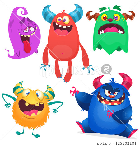 Funny cartoon monsters with different face expressions. Set of cartoon vector happy monsters characters. Halloween design for party decoration, package design Funny cartoon monsters with different face expressions. Set of cartoon vector happy monsters characters. Halloween design for party decoration, package design 125502181