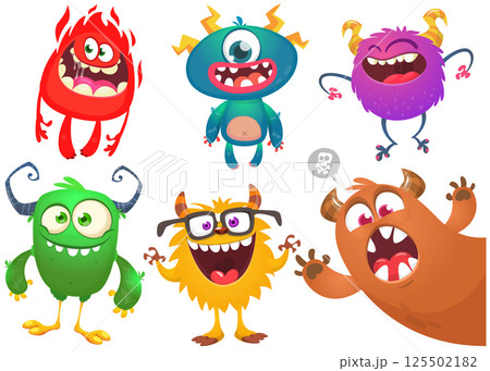 Funny cartoon monsters with different face expressions. Set of cartoon vector happy monsters characters. Halloween design for party decoration, package design Funny cartoon monsters with different face expressions. Set of cartoon vector happy monsters characters. Halloween design for party decoration, package design 125502182