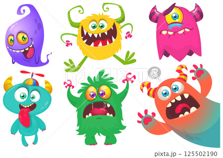 Funny cartoon monsters with different face expressions. Set of cartoon vector happy monsters characters. Halloween design for party decoration,  package design 125502190