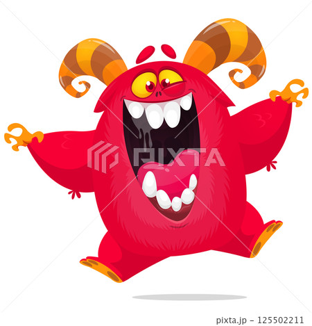 Cartoon cute red monster with funny face expression laughing and waving hands . Vector illustration isolated. Halloween design Cartoon cute red monster with funny face expression laughing and waving hands . Vector illustration isolated. Halloween design 125502211