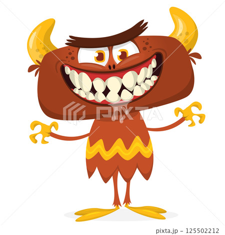 Cartoon scary monster with funny face expression waving hands . Vector illustration isolated on white. Halloween design 125502212