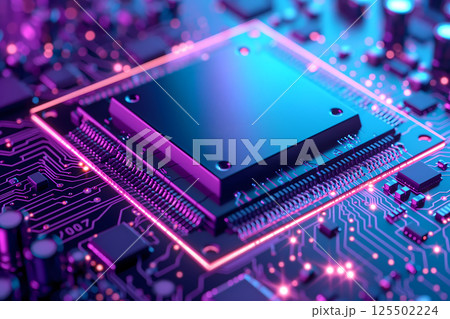 ネオンライトに照らされた回路基板上の最新CPUマイクロチップのクローズアップ 125502224