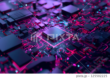 ネオンライトに照らされた回路基板上の最新CPUマイクロチップのクローズアップ 125502225