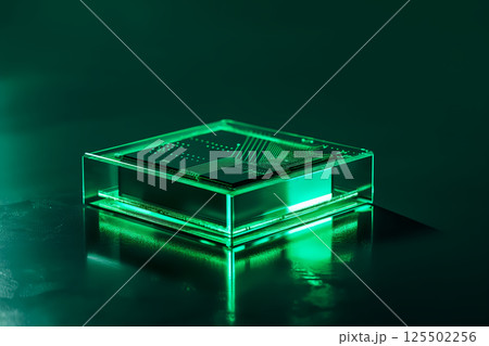 ネオンライトに照らされた回路基板上の最新CPUマイクロチップのクローズアップ 125502256