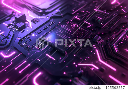 ネオンライトに照らされた回路基板上の最新CPUマイクロチップのクローズアップ 125502257