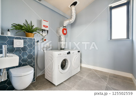 A stylish and contemporary laundry room featuring a white washing machine and dryer, stylish wall decor, and a large window for natural light. 125502559