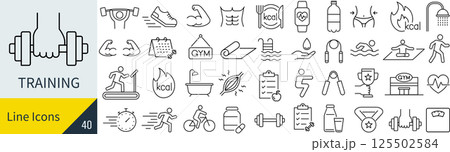 ベクターでモノクロのトレーニングに関する線画アイコンセット ベクターでモノクロのトレーニングに関する線画アイコンセット 125502584