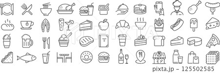 ベクターでモノクロの食事に関する線画アイコンセット ベクターでモノクロの食事に関する線画アイコンセット 125502585