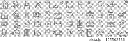 ベクターでモノクロのフードデリバリーに関する線画アイコンセット 125502586