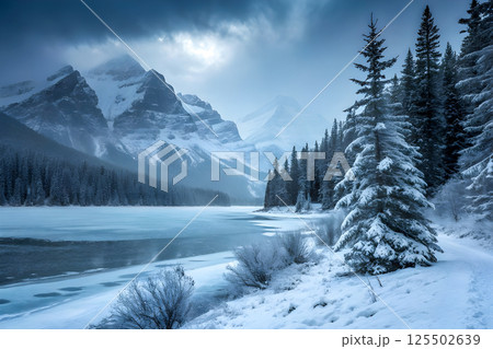 winter landscape with snowy fir trees winter landscape with snowy fir trees 125502639