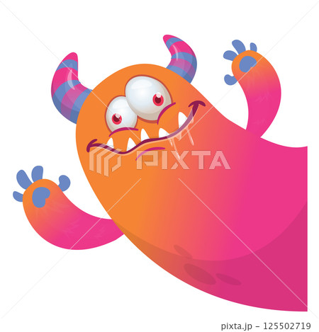 Cartoon scary monster with funny face expression waving hands . Vector illustration isolated on white. Halloween design 125502719
