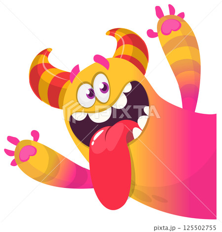 Cartoon happy monster with long tongue sticking out of the mouth. Vector illustration isolated on white. For Halloween party or package design Cartoon happy monster with long tongue sticking out of the mouth. Vector illustration isolated on white. For Halloween party or package design 125502755