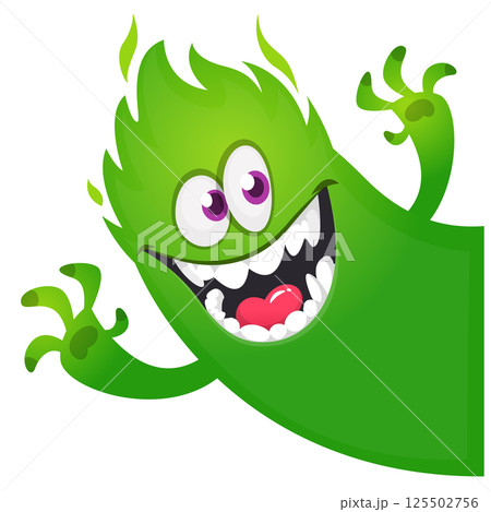 Cartoon scary monster with funny face expression waving hands . Vector illustration isolated on white. Halloween design Cartoon scary monster with funny face expression waving hands . Vector illustration isolated on white. Halloween design 125502756