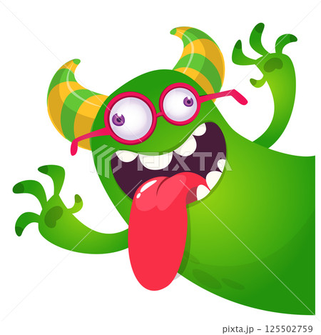 Cartoon happy monster with long tongue sticking out of the mouth.  Vector illustration isolated on white. For Halloween party or package design 125502759