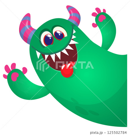 Cartoon scary monster with funny face expression waving hands . Vector illustration isolated on white. Halloween design 125502784