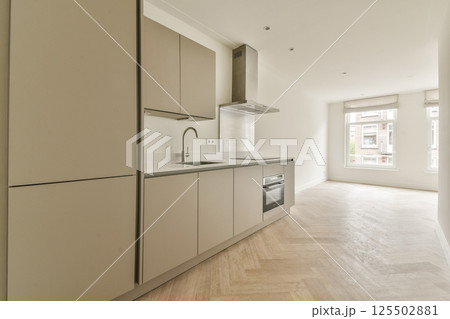 Sleek and contemporary kitchen design featuring light cabinetry, stainless steel appliances, and ample natural light from large windows. 125502881