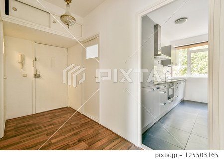 A sleek and modern kitchen entrance featuring a well-lit space with wooden flooring and contemporary cabinetry. Natural light enhances the inviting atmosphere. A sleek and modern kitchen entrance featuring a well-lit space with wooden flooring and contemporary cabinetry. Natural light enhances the inviting atmosphere. 125503165