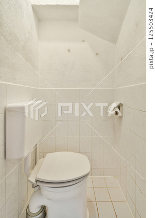 A well-maintained bathroom showing a white ceramic toilet and tiled walls, emphasizing cleanliness and minimalism in design. A well-maintained bathroom showing a white ceramic toilet and tiled walls, emphasizing cleanliness and minimalism in design. 125503424