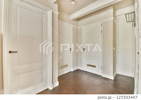 A spacious and stylish hallway featuring classic design elements, elegant doors, and a warm wooden floor, creating a welcoming atmosphere. 125503447