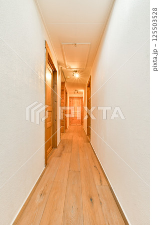 A well-lit and spacious hallway showcasing wooden doors and light-colored walls, leading to further interiors. The wooden floor adds warmth to the modern design. 125503528