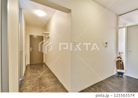 A spacious, well-lit hallway featuring clean lines and contemporary decor, creating a serene entryway experience. 125503574