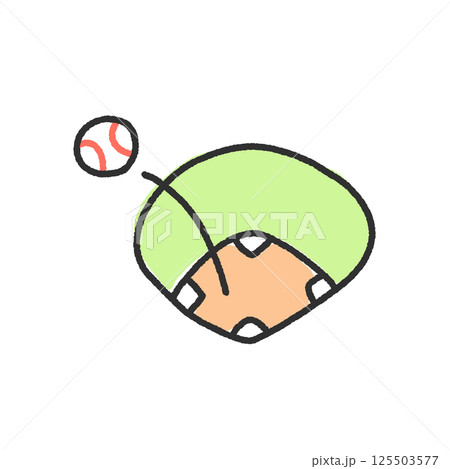 手描きでゆるく描いた野球グラウンドと場外ホームラン 125503577