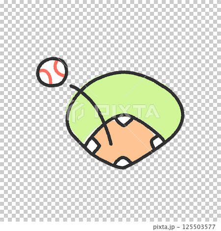 手描きでゆるく描いた野球グラウンドと場外ホームラン 125503577