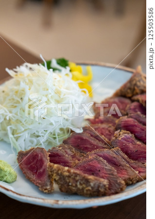 Set of Gyukatsu or beef cutlet served with cabbage. A traditional Japanese food that consists of a deep-fried beef cutlet. Set of Gyukatsu or beef cutlet served with cabbage. A traditional Japanese food that consists of a deep-fried beef cutlet. 125503586