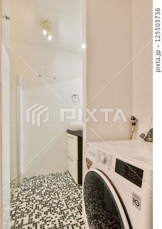 A sleek and modern laundry room featuring a washing machine, stylish tiles, and minimalist cabinetry. The clean design maximizes space and functionality. 125503736