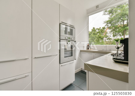 Bright and spacious kitchen featuring sleek, white cabinetry, modern appliances, and large windows revealing greenery outside, creating a serene cooking environment. Bright and spacious kitchen featuring sleek, white cabinetry, modern appliances, and large windows revealing greenery outside, creating a serene cooking environment. 125503830