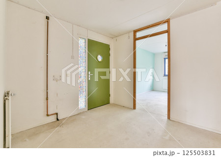 A contemporary interior space featuring a striking green door, minimalistic walls, and ample natural light. Perfect for showcasing interior design ideas. 125503831